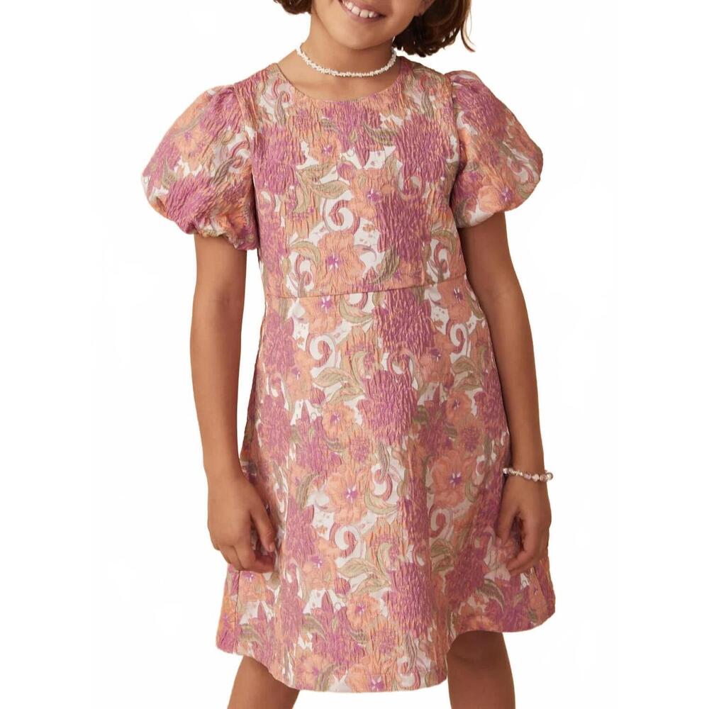 NEW HAYDEN GIRLS floral print puff sleeve jacquard dress in coral